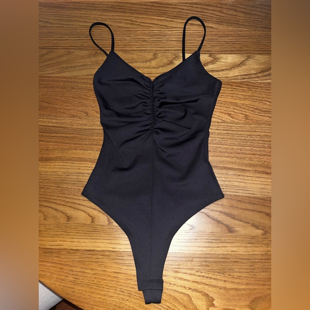 H&M Black Ruched Thong Bodysuit with Adjustable Straps